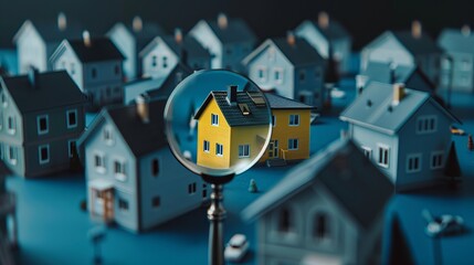 Focused view of a bright yellow house among miniature homes with a magnifying glass revealing details. Concept for selling a house and home insurance. Signing a house purchase and sale agreement, hous