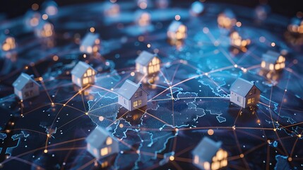 Concept for selling a house and home insurance. Signing a house purchase and sale agreemenNetwork of connected homes illuminated on a digital map representing smart city technology and home automation