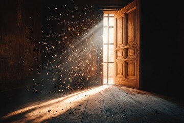 Sunlit doorway in a dark, dusty room