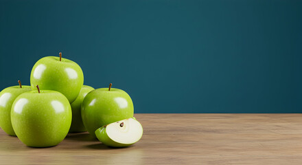 Fresh Green Apples on Wooden Surface Against Blue Background