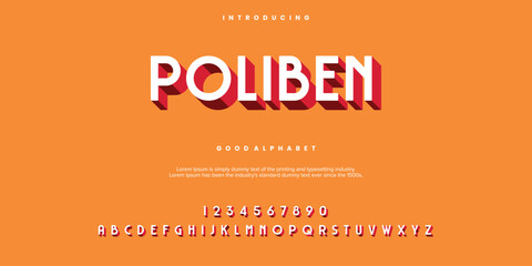 Poliben Vector advertising banner Classic Cuisine. Modern 3D Font. Bright Alphabet Letters and Numbers set.