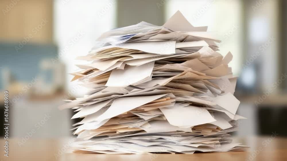 Poster large stack of disorganized papers is sitting on a desk in a blurred office environment, representin
