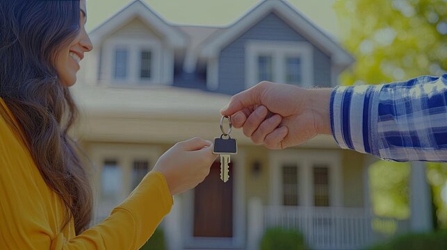 New homeowners receiving house keys outdoors.