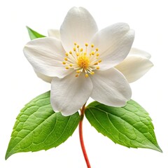 Obraz premium Close up of a beautiful white Jasmine flower with bright green leaves