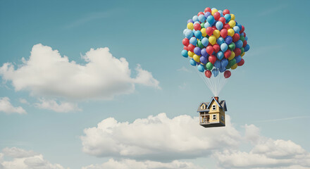 House Floating in the Sky with Colorful Balloons on a Clear Day