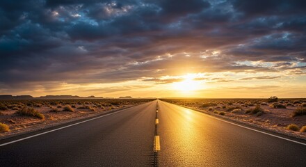 Dramatic desert highway leading to vibrant sunset under cloudy twilight sky