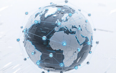 A futuristic Earth surrounded by an intricate AI network, glowing with digital nodes and connections that span the globe. The network represents global artificial intelligence integration, with a high