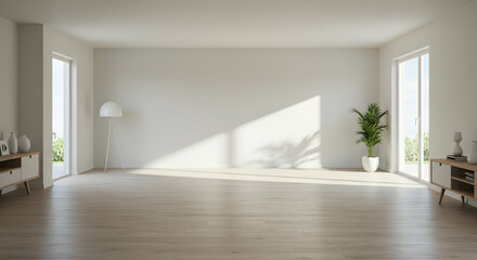 Empty Bright Minimalist Interior Space with Natural Light and Plants