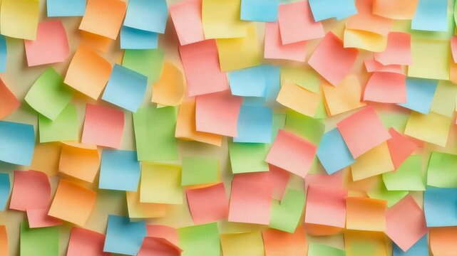 Numerous colorful sticky notes adhere to a wall, creating a vibrant collage that symbolizes brainstorming, project management, and the generation of creative ideas