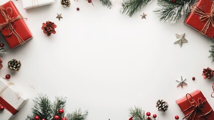 Festive holiday arrangement of Christmas gifts and decorations on white background