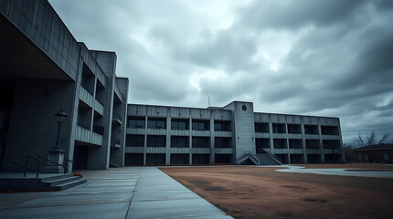 Deserted Brutalist University Campus"
A vast, empty campus made of harsh concrete blocks and sharp lines, weathered by time and sandstorms, under a bleak gray sky. created  by generative ai