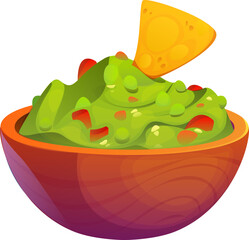 Cartoon bowl of guacamole with tortilla chip and vegetable pieces. Vector Mexican national cuisine sauce with green avocado mash and traditional snack. Fun food symbol for fiesta or national holiday