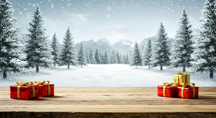 Festive Winter Scene with Gifts on Wooden Table Surrounded by Snow