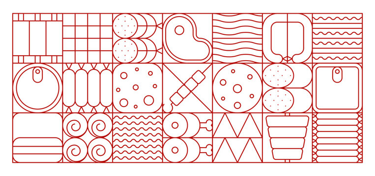 Meat and sausage modern geometric pattern. Vector tile background with salami, steak, sausage links, ham, canned meat, chicken drumsticks, bacon, ribs, mortadella, barbecue and skewers food symbols