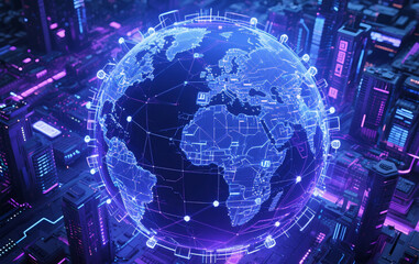 Fototapeta premium A futuristic Earth surrounded by an intricate AI network, glowing with digital nodes and connections that span the globe. The network represents global artificial intelligence integration, with a high