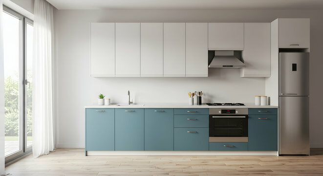 Modern Minimalist Kitchen Design with Blue Cabinets and Open Space