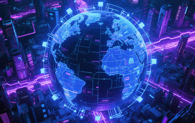 Obraz premium A futuristic Earth surrounded by an intricate AI network, glowing with digital nodes and connections that span the globe. The network represents global artificial intelligence integration, with a high