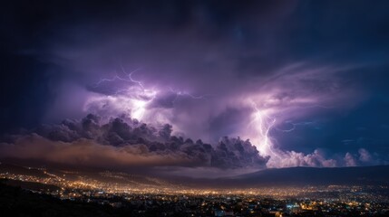 Fototapeta premium Dramatic Night Sky Above City with Thunderstorm, Lightning, Clouds, and Urban Lights
