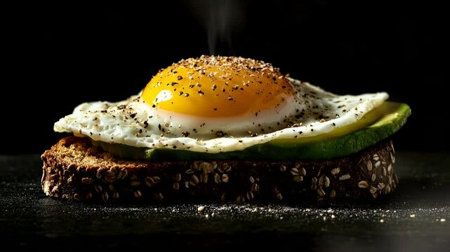 Avocado Toast with Fried Egg: A perfectly cooked fried egg, glistening with golden yolk, rests atop a slice of multigrain toast with ripe avocado.