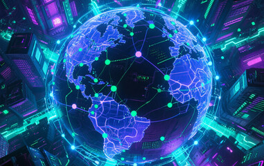 Fototapeta premium A futuristic Earth surrounded by an intricate AI network, glowing with digital nodes and connections that span the globe. The network represents global artificial intelligence integration, with a high