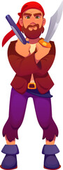 Cartoon pirate corsair character with a red bandana, beard, and fierce expression, crossing a sword and flintlock pistol. Vector sea rover or sailor personage standing confidently ready for fighting