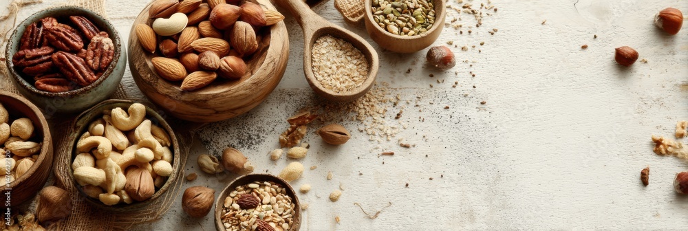 Aufkleber clean table displaying various bowls filled with nuts and seeds under bright lighting at a cozy kitc