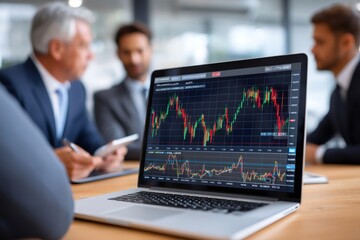 Business people analyzing financial chart on laptop screen