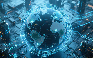 Fototapeta premium A futuristic Earth surrounded by an intricate AI network, glowing with digital nodes and connections that span the globe. The network represents global artificial intelligence integration, with a high