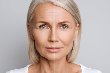 Senior woman showing results of anti aging treatment on wrinkles and skin rejuvenation