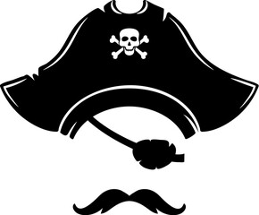 Fototapeta na wymiar Photo booth mask of pirate captain or sailor with black tricorn hat, mustache and an eye patch. Isolated vector corsair face complete with an eyepatch and cocked hat, swashbuckling skipper costume
