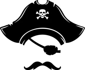 Gordijnen Photo booth mask of pirate captain or sailor with black tricorn hat, mustache and an eye patch. Isolated vector corsair face complete with an eyepatch and cocked hat, swashbuckling skipper costume © Vector Tradition