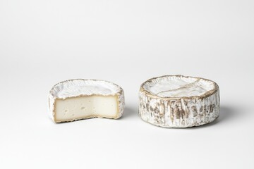 Fresh camembert cheese with sliced camembert isolated. Top view of camembert cheese piece on white background. Brie cheeses. Dairy products. Set of big round french cheeses with white mold.