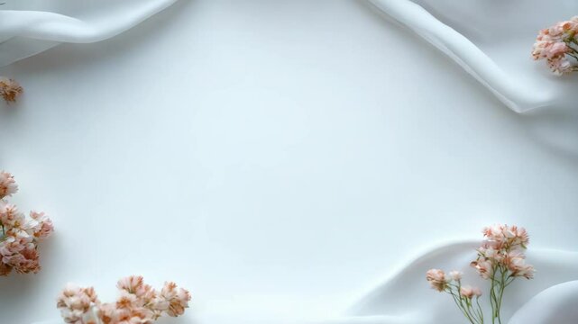 Delicate pink flowers frame soft white flowing silk background revealing elegant space, symbolizing purity, ideal sophisticated video template for wedding invitations.