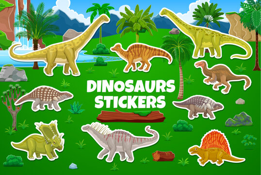 Cartoon prehistoric dinosaur animals characters stickers pack at jungle forest nature landscape vector background. Cute edaphosaurus, amargasaurus and saltasaurus dinosaur characters stickers set