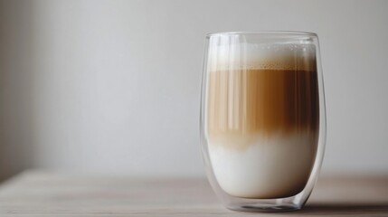 A latte in a glass with distinct layers.