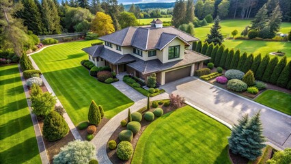 Aerial view of a modern home with a lush green lawn and a driveway surrounded by trees and a serene landscape , serenity