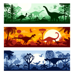 Dinosaurs silhouettes at jungle tropical forest. Vector prehistoric banners featuring shadows of dino animals in roam among lush vegetation, mountains and sun. Mesozoic or Jurassic era backgroundsV © Vector Tradition