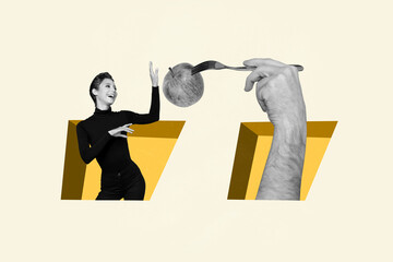 Creative art collage of person in hole with hand holding fork apple on pastel background