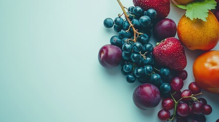 Fresh vibrant fruit medley arrangement with grapes, plums, and strawberries