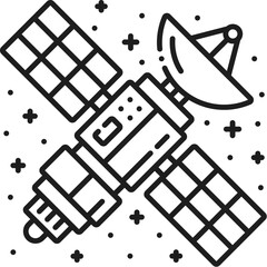 Space artificial satellite and galaxy outerspace thin line icon. Astronomy exploration linear vector icon, galaxy outerspace flight outline sign. Cosmos travel lineart symbol or pictogram