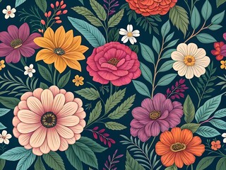 Elegant floral pattern with colorful blossoms and lush foliage on a dark backdrop