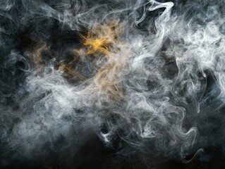 Obraz premium Ethereal smoke swirls in abstract patterns against dark backdrop Studio shot of wispy fog with golden highlights creating dreamy atmosphere