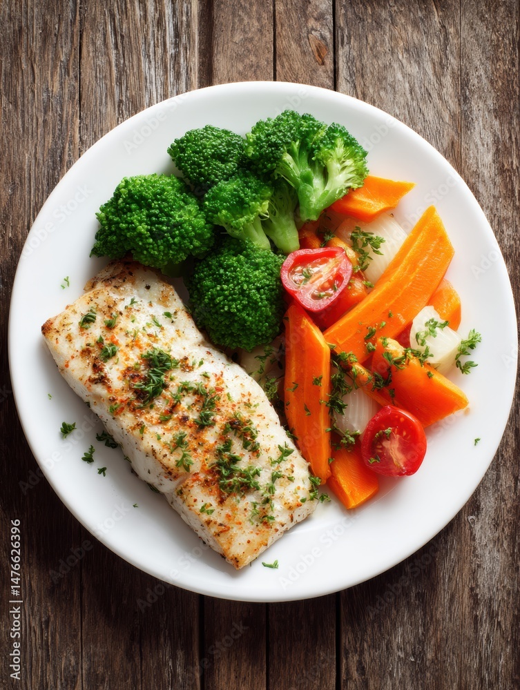 Poster delicious fish fillet served with fresh vegetables on a clean white plate in a rustic setting