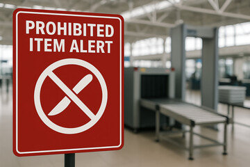 A clear sign indicating prohibited items in an airport security area. The vibrant red alert emphasizes safety measures in travel environments.