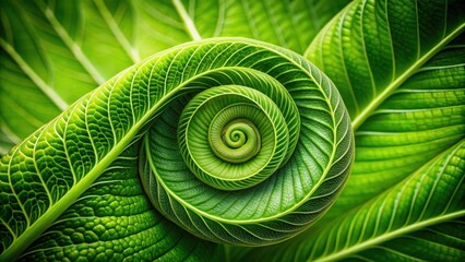 A green spiral leaf forms a unique abstract background, blending into nature and ecology concepts , green, leaf