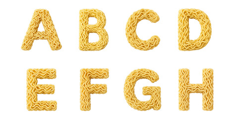 Alphabet letters A, B, C, D, E, F, G, and H 
 shaped from curly ramen noodles : Creative noodle typography using raw instant noodles to form letters