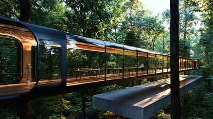 Fototapeta premium a glass-walled architectural home placed on a concrete platform facing dense forest, rays of sun penetrating the trees and casting soft highlights across the transparent surfaces