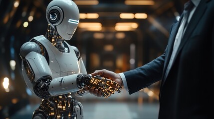 A lifelike AI android shaking hands with a business executive