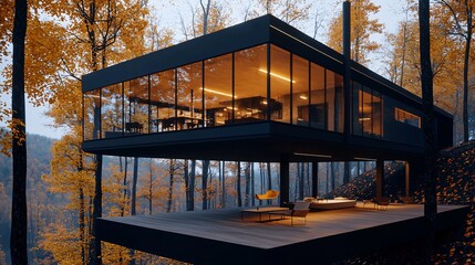 Fototapeta premium a modern forest-edge glass structure elevated slightly on wooden stilts, open-plan interior visible through clean transparent walls, illuminated by soft forest ambient light