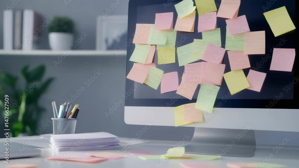 Poster Computer screen is covered with colorful sticky notes. Suggesting a busy and productive work environment in a modern office setting. With additional notes and office supplies scattered on the desk